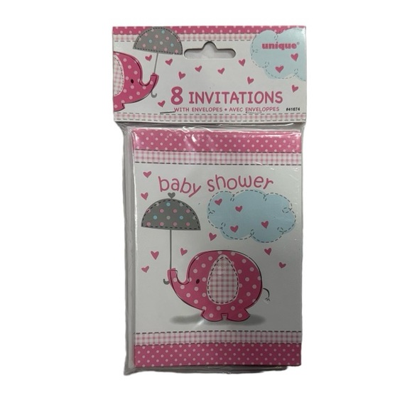 8 baby shower invitations. Pink and white with elephant on front, new in package - Picture 1 of 4